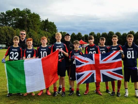 Members of the British Blades team who travelled to Italy to take part in the International American Flag Football competition: Nathan Smalley, Graeme Chesters, Bradley Temple, Jonathon Williams, Joel Chesters, Alex Challands, Andrew Carr, Lewis Wyatt, Josh Atkins, Theo Smith and Julian Wyatt
