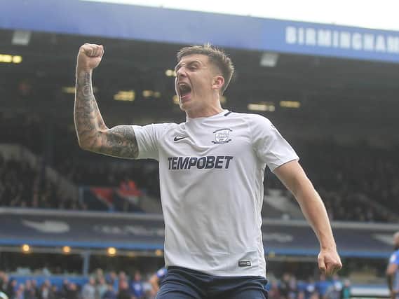 Jordan Hugill celebrates scoring for PNE at St Andrews