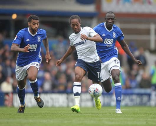 Preston North End's Daniel Johnson runs at the Birmingham City's defence