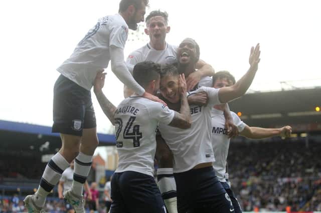 Preston North End's Jordan Hugill celebrates scoring his side's second goal