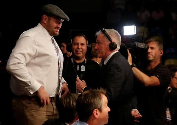 Tyson Fury looks on from ringside at the Copper Box Arena in London at the weekend