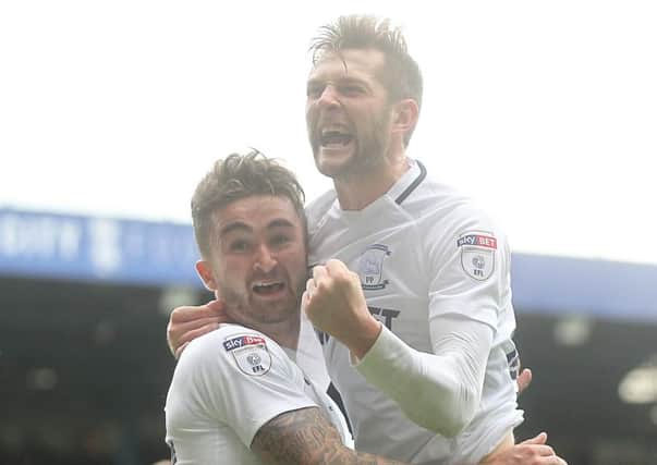 Tom Barkhuizen celebrates with Sean Maguire after scoring against Birmingham