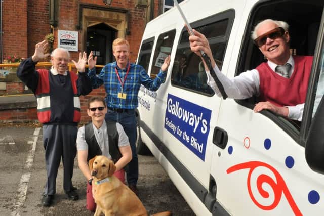 Photo Neil Cross
The launch of campaign to replace the current minibus at Galloway's Society for the Blind
Bob Sumner in the driver's seat wih Stuart Clayton, Norman Jackson, Brian Whitfield and Nelly