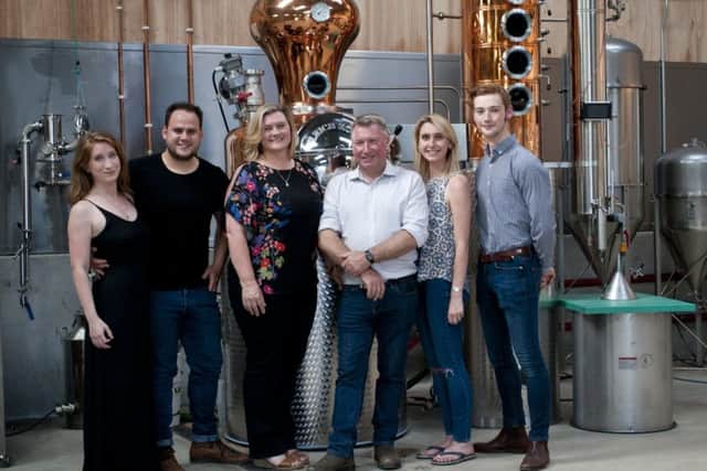Brindle Distillery: Liz and Mark Long, Cath and Gerard Singleton and Alice and William Singleton; and 1842s General Manager Brandon Seddon, inset above left.
