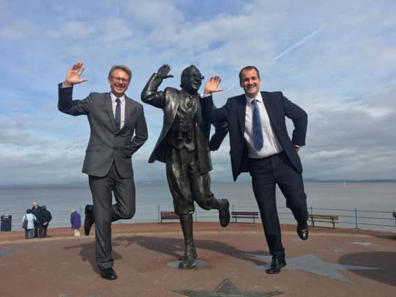 David Morris, MP for Morecambe and Lunesdale, with Jake Berry, Northern Powerhouse Minister, and the Eric Morecambe Statue.