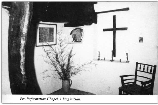 Pre-Reformation Chapel, Chingle Hall, Goosnargh. 
B&W postcard. 
Chingle Hall Built 1260. Birthplace of St. John Wall, 1620. The most haunted house in Britain. 
Courtesy of Janet Rigby and the Goosnargh and Whittingham Past Facebook Group