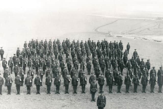 The 2/4th East Lancashire drawn up in battalion review order while under training in East Anglia before deployment to the Western Front