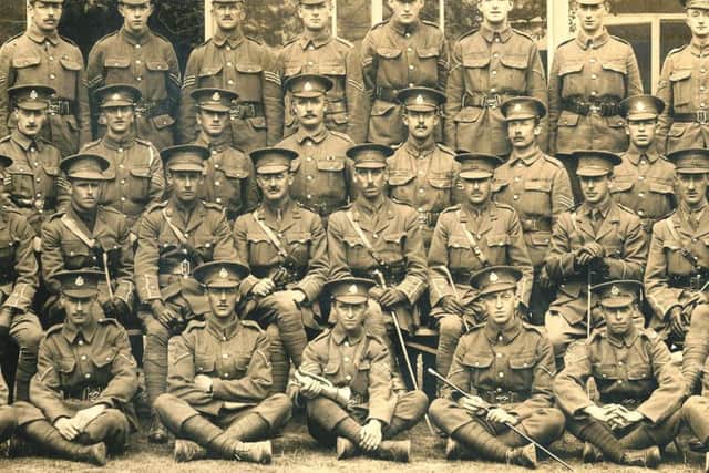 Officers and men of D Company, 2/4th East Lancashires, pictured before deployment to Poelcapelle in October 1917.