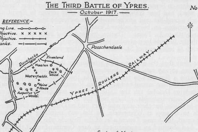Map showing the planned attack of the 2/4th East Lancashire. They only made it to the line of the first objective a distance of just 500 yards