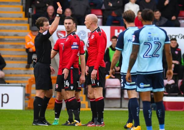 Kevin Ellison is sent off against Crawley. Picture: Derick Thomas/Clean Sheet Media