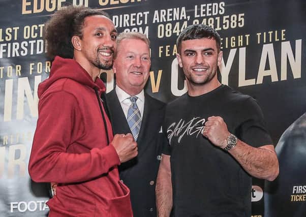 Jack Catterall, right, with Tyrone Nurse and promoter Frank Warren. Picture: Karen Priestley