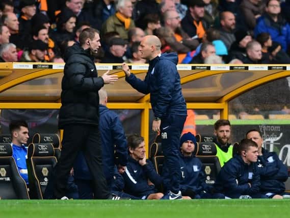 PNE boss Alex Neil makes his point to the fourth official at Molineux