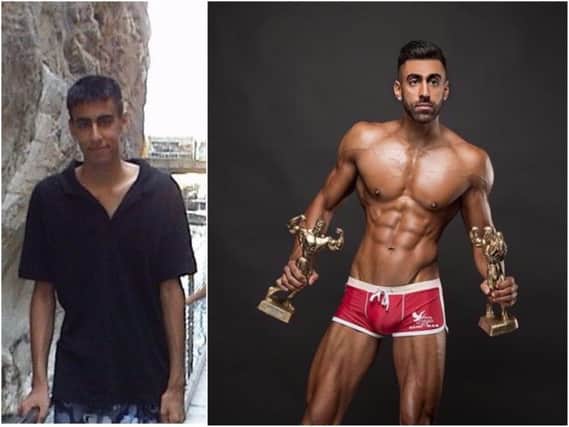 Adam Badat during his school years (left) and now, as an award-winning bodybuilder.