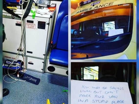 The note and (left) the ambulance which treated the seriously ill man