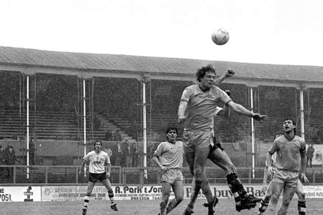 Goalmouth action from PNE v Bury in 1986 as Dale Rudge looks on