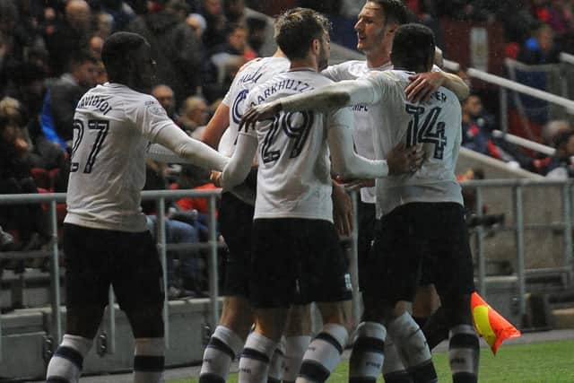 PNE celebrate their opening goal at Bristol City