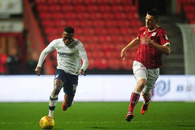 Darnell Fisher in action on his return to the Preston side at Bristol City.