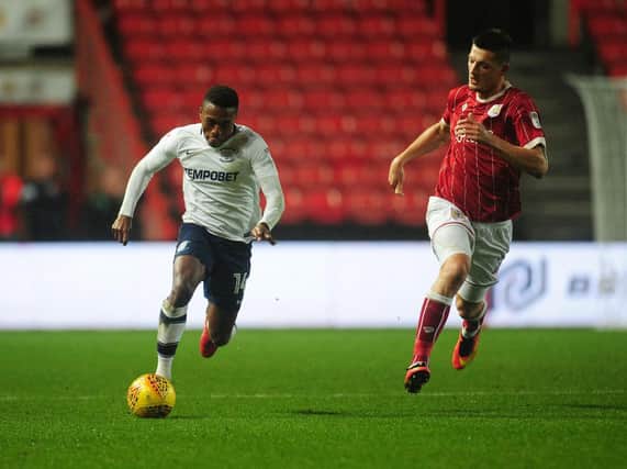 Darnell Fisher in action on his return to the Preston side at Bristol City.