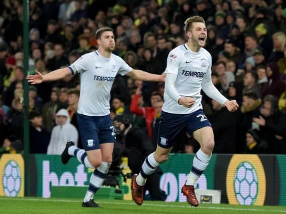 Tom Barkhuizen celebrates scoring Preston's equaliser at Norwich.