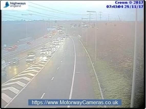 A crash has blocked a carriageway on the M65.