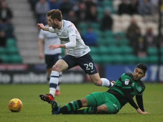 Tom Barkhuizen comes under pressure at Deepdale on Saturday.