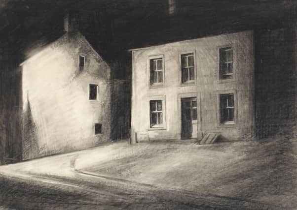 Drawing by David Hartnup of Thistle House by moonlight, formally the Crown and Thistle public house. It is situated at The Cross, Main Street, Wray. Around 1860, teh Crown and Thistle was purchased by the Reverand W Ripley with the intention of closing it for the sale of alcohol. He wished to curb what he believed to be the excessive drinking habits of Wray's inhabitants. The Reverent Ripley also opened a reading room for the village next door to the former public house. This was in use between 1861 and 1882. Picture by Bentham Imaging, Jon Brook.
