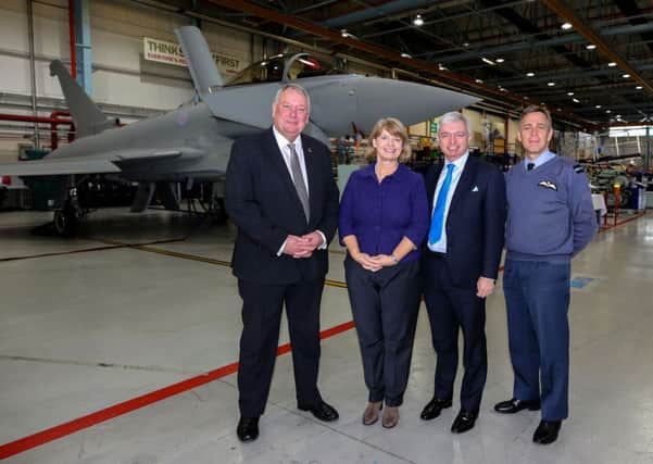(left to right) Combat Air Managing Director for BAE Systems Martin Taylor, Minister for Defence Procurement Harriett Baldwin, Mark Menzies MP and RAF Force Commander Ian Duguid at BAE Warton in Lancashire, where Eurofighter Typhoon aircraft are being assembled. BAE Systems announced a contract valued at Â£5 billion to supply aircraft to Qatar, helping to secure jobs in the UK. PRESS ASSOCIATION Photo. Picture date: Monday December 11, 2017. The contract provides for 24 Typhoon aircraft with delivery expected to commence in late 2022. See PA story INDUSTRY BAE. Photo credit should read: Peter Byrne/PA Wire