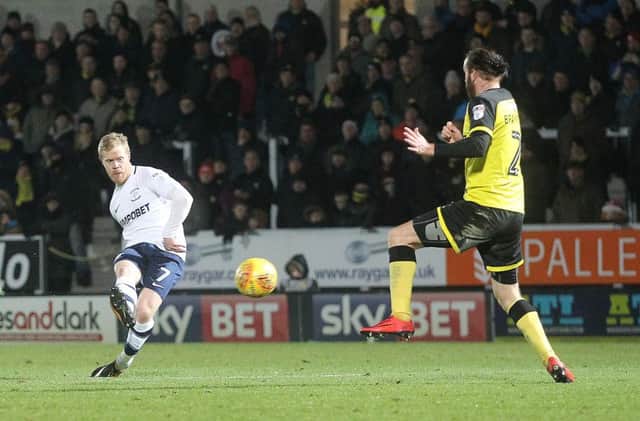 Daryl Horgan scores Preston's second goal in the weekend victory at Burton