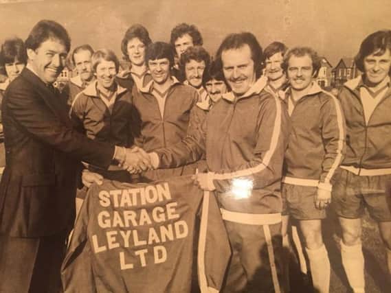 Leyland Motors FC manager Terry Challinor with the owner of sponsors Station Garage Leyland