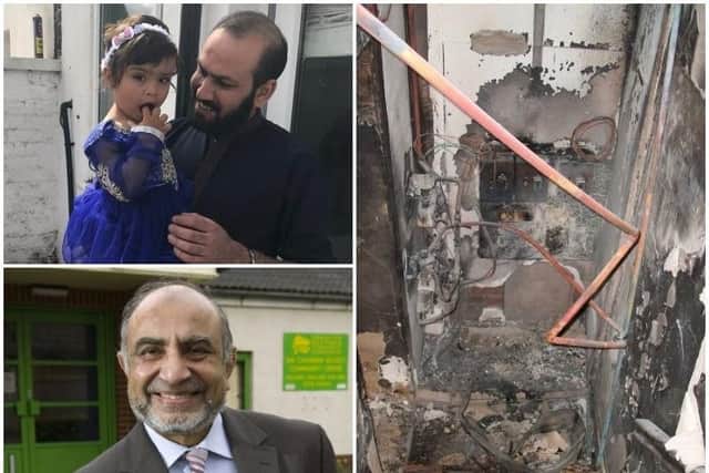 Kashif Gohar and Fathima at their new home in Deepdale, the devastation caused by the fire in their old flats, and landlord Vali Patel, the county council's former head of children's services