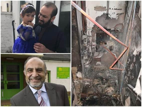 Kashif Gohar and Fathima at their new home in Deepdale, the devastation caused by the fire in their old flats, and landlord Vali Patel, the county council's former head of children's services