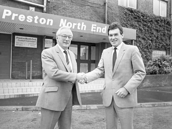 John McGrath (right) is unveiled by Preston North End chairman Keith Leeming as new manager in June 1986