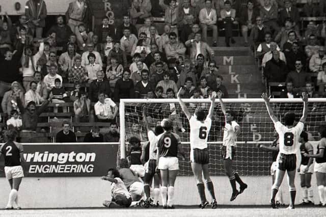 PNE celebrate scoring against old rivals  Burnley on  October 4, 1986
