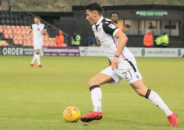 Fleetwood loanee Elliot Osborne looks for an opening at the Hive on Saturday.