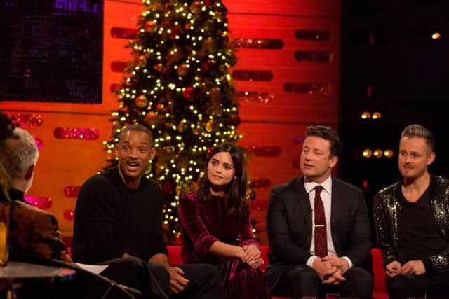 Host Graham Norton, Will Smith, Jenna Coleman, Jamie Oliver and Tom Chaplin