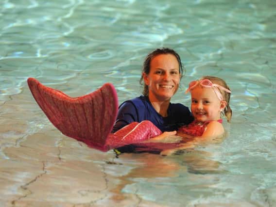 Mermaid swimming at Penwortham Leisure Centre  with  teacher Jenny Ruscoe and Coimhe