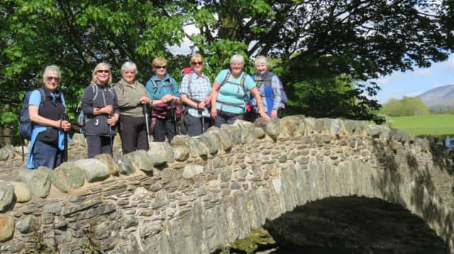 Members of the Norwest Fellwalking Club B Party  enjoying the spring sunshine in Newlands Valley, Cumbria. Left to right Pam Bootham,  Linda Wildman, Christine Ainscough, Lyn Farrington, Olwen Ross, Linda Buckingham and Sylvia Grieve.