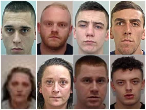 Members of the gang were jailed for more than 60 years. Pictured (from left to right), top: Michael Siddeley, Darren Charnock, Callum Riley, Jamie Crompton. Bottom: Robyn Anderton, Lisa Rigby, Alex Hall, Luke Briggs.