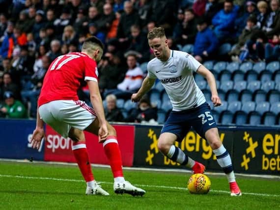 Kevin O'Connor looks for an opening against Nottingham Forest at Deepdale on Saturday.