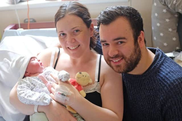 Olivia Grant born at 7.36am weighing 8lb 15oz to Julie Winder and Stuart Grant from Buckshaw Village.