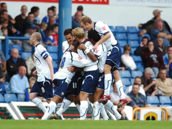 PNE players celebrate Callum Davidson's goal at Cardiff in 2007
