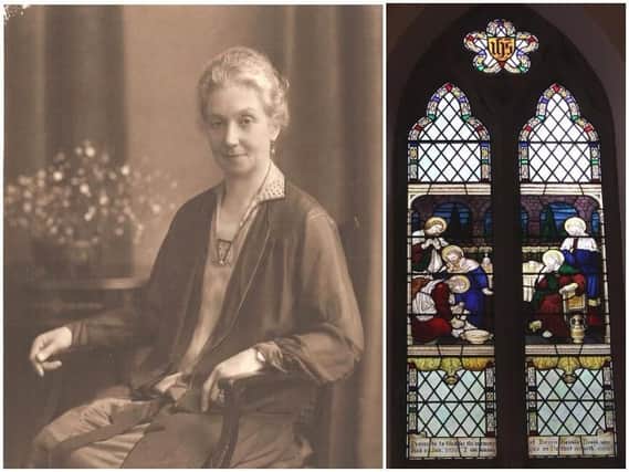 Bessie Saville Heald with the stained glass window dedicated to her