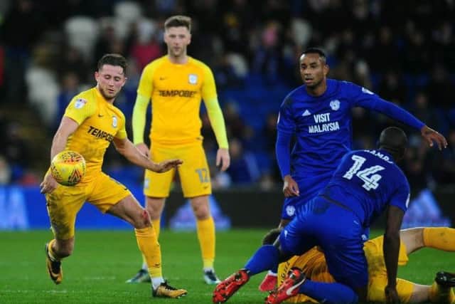 Alan Browne competes for the ball at Cardiff