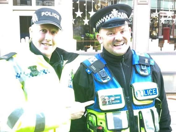 Lancashire Police's PC Chris Hilton meets Cleveland Police's PC Chris Hilton. Photo: Preston Police