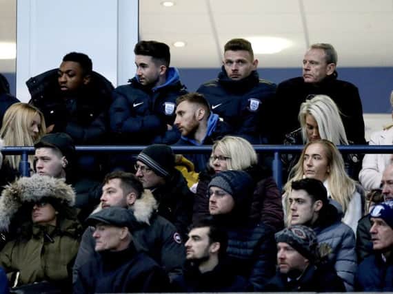 Louis Moult, centre and second row from back, watches on during Preston's defeat to Middlesbrough.