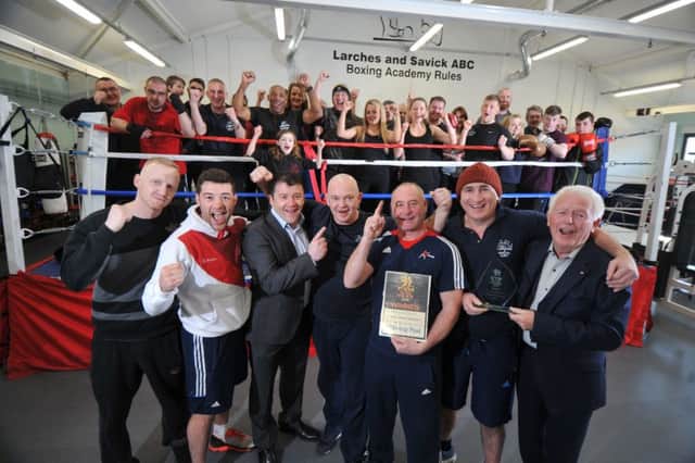 Photo Neil CrossGym of the Year trophy presentation with Mick Hall, Scott Fitzgerald, Tommy Gallagher, Joe Kilshaw, Dave Fitzgerald, Jimmy Moon and Bernard Watson of Larches and Savick Boxing Club