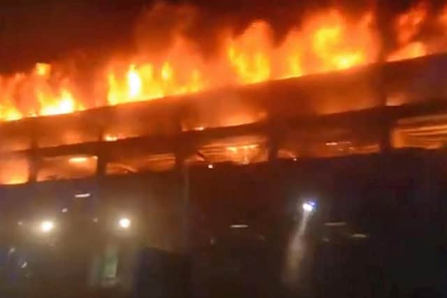 The scene at a blaze at a multi-storey car park near to the Echo Arena on Liverpool's waterfron