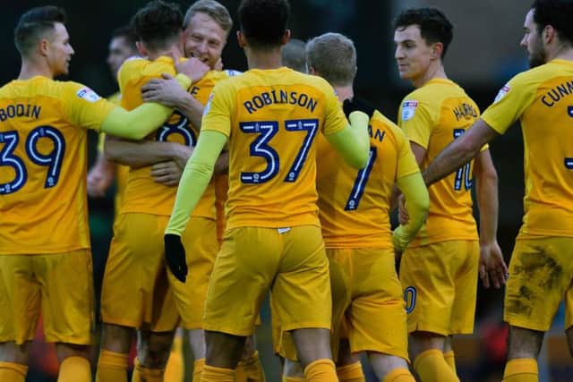 PNE celebrate their second goal against Wycombe