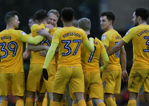 Alan Browne is congratulated on scoring PNE's second in their 5-1 win at Wycombe.