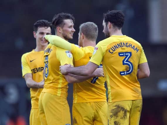 Preston celebrate Alan Browne's first goal at Wycombe on Saturday.